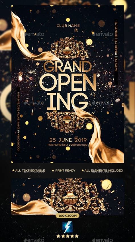 The Grand Opening Flyer Is Shown In Gold And Black