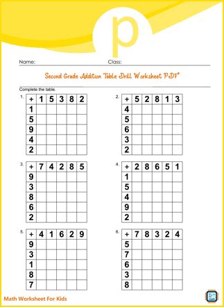 Position of numbers before and after activity. Addition Table Drill For Second Grade PDF Printable