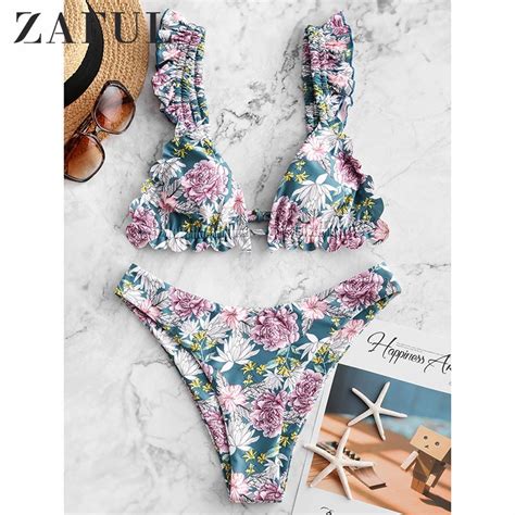 Zaful Sexy Women Ruffle Bikini Floral Print Swimsuit Strapless Swimwear
