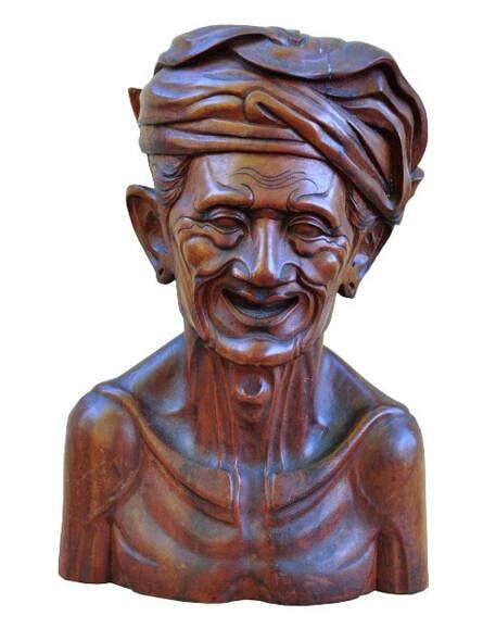Balinese Hardwood Bust Sculpture Of A Grinning Old Man Assamika Arts