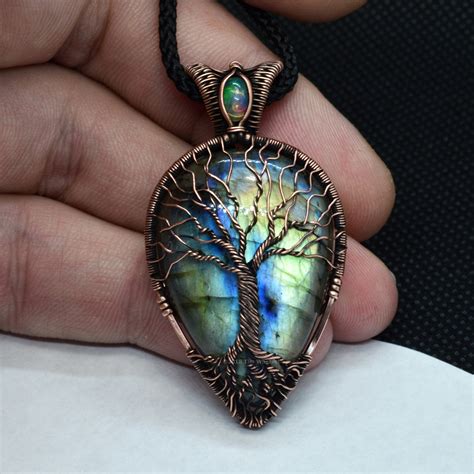 Opal Necklace with Flashy Labradorite & Copper Tree of Life Pendant for Men or Women - Wire ...