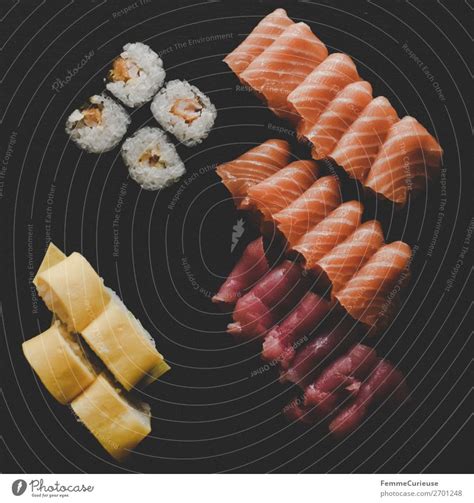 Sushi On Black Slate Plate Ein Lizenzfreies Stock Foto Von Photocase