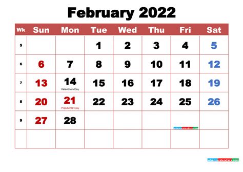 Free February 2022 Calendar With Holidays Printable Pdf World