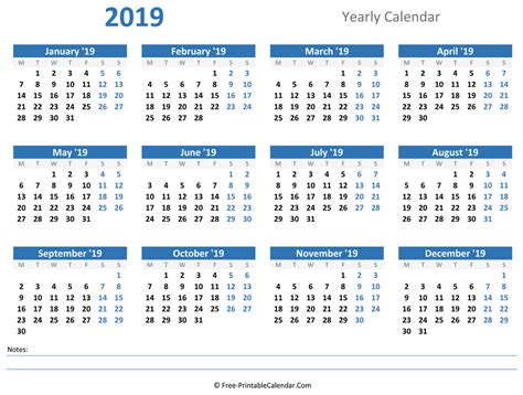 2019 Yearly Calendar In Excel Pdf And Word