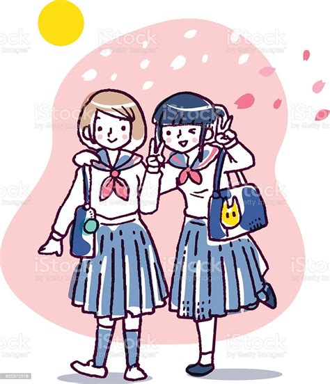 Two Japanese Schoolgirls Posing Peace Sign Stock Illustration Download Image Now High School