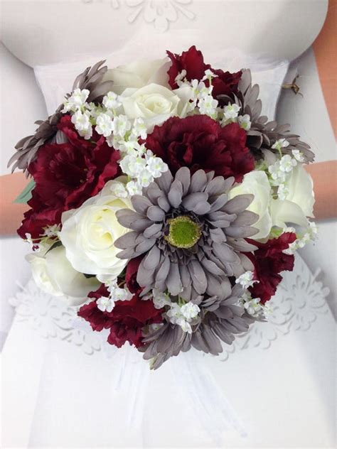 New Artificial Burgundy Gray And White Wedding Flowers Etsy