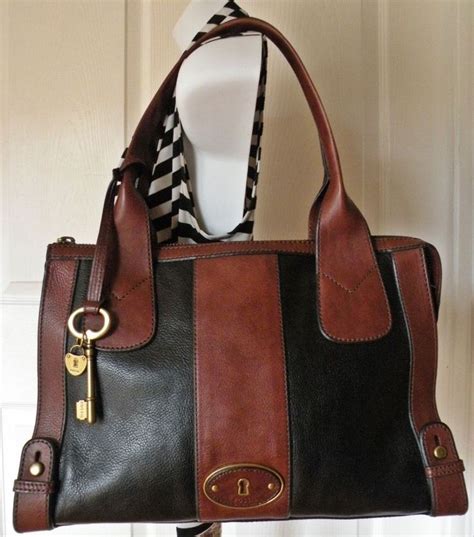 Fossil Large Black & Brown Leather Weekender Tote Shoulder Handbag