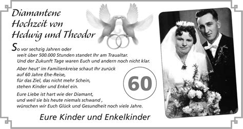 Ein persönliches diamantene hochzeit geschenk sind unsere sektgläser mit liebestauben gravur und den namen. Grußanzeige (988508) - Familienanzeigen / Herzliche ...