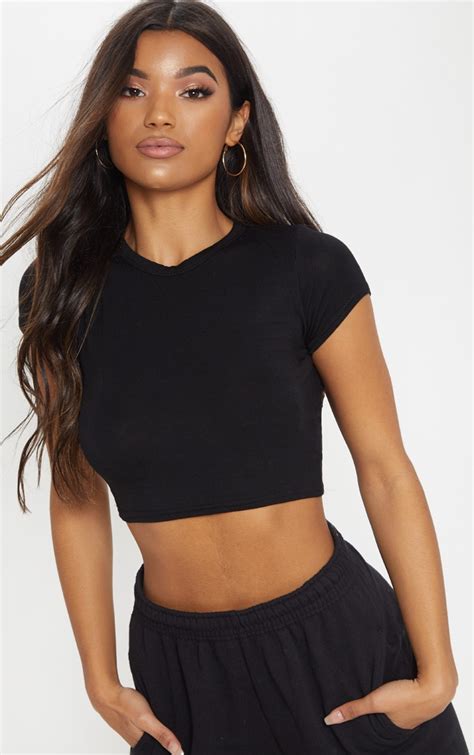 Basic Black Cotton Cropped T Shirt Tops Prettylittlething Ie