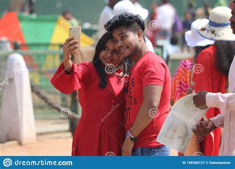 Young Indian Couple Taking Selfie On Streets Of New Delhi India