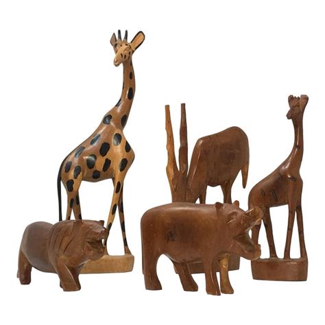 African Hand Carved Wood Animals Set Of 5 Chairish