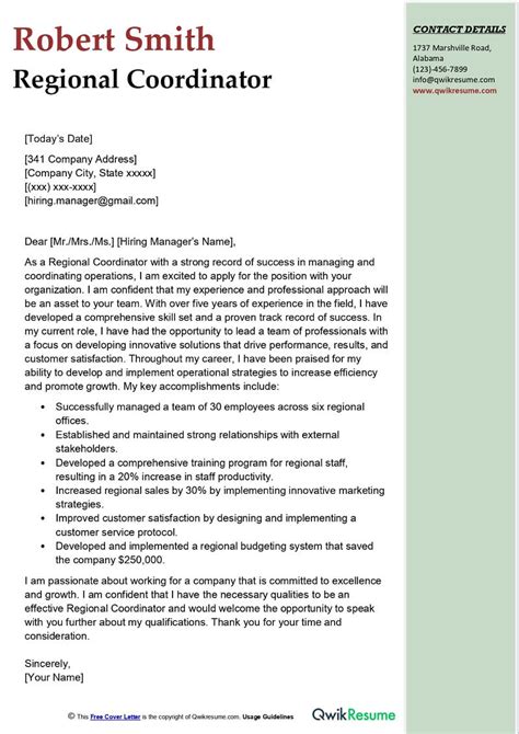 Regional Coordinator Cover Letter Examples Qwikresume