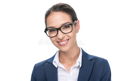 Beautiful Businesswoman In Grey Suit And Eyeglasses Looking At Camera Stock Image Image Of