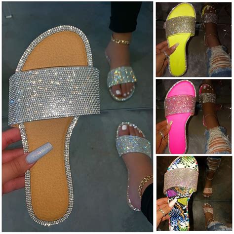 Sparkly Rhinestone Slides Flat Sandals For Women