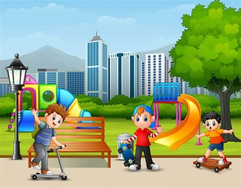 Dibujos Animados De Niños Jugando En El Parque De La Ciudad Vector