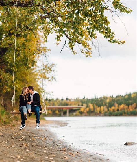 Edmonton River Valley Swing Capilano Park Fall Engagement Session Candid Engagement Session
