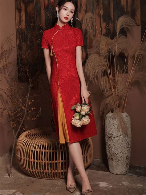 Red Lace Front Slit Qipao Cheongsam Wedding Dress Cozyladywear