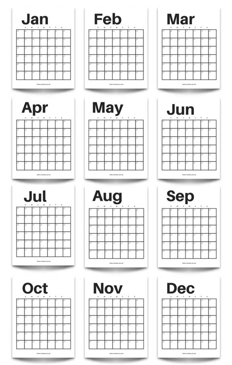 Twelve Months Of The Year Printable Calendars With Blank Space For Each