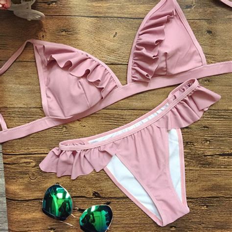 2017 Sexy Pink Bikini Set Padded Cami Frilly High Leg Cut Biquinis Cute Girl Swimsuit Swimwear