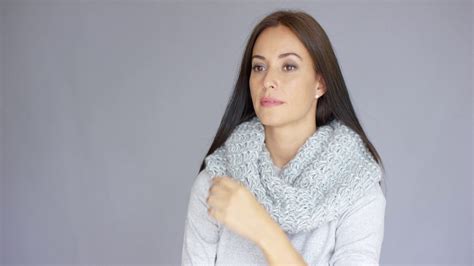 Elegant Beautiful Middle Aged Woman Posing With Woolen Warm Scarf