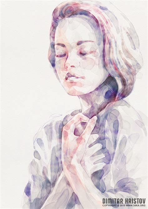 Young Woman Portrait Abstract Watercolors Painting Figure Drawing