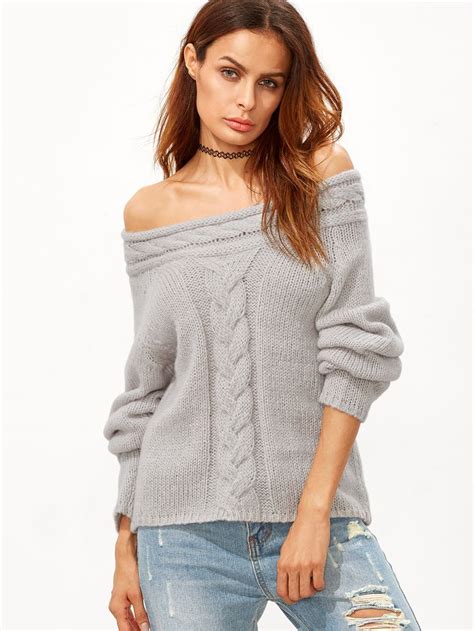 Grey Cable Knit Off The Shoulder Sweater Makemechiccom Ropa De