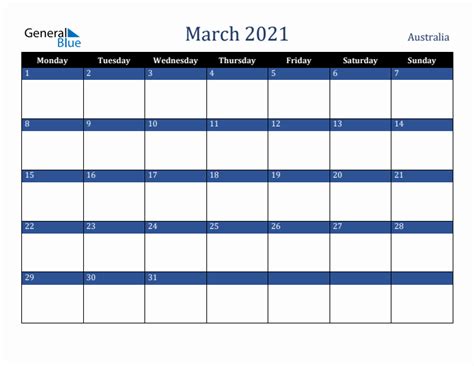 March 2021 Australia Monthly Calendar With Holidays