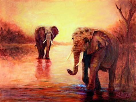 African Elephants At Sunset In The Serengeti Painting By Sher Nasser