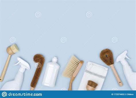 Concept Of Natural Cleaning With Brushes Detergent Bottles And Cloth