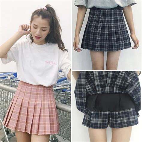 Buy Harajuku Skirts Womens 2017 Korean Summer Style New Plaid Pleated Skirt