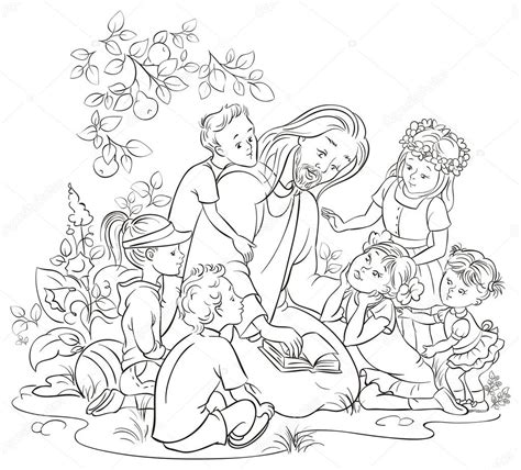 Dibujo Para Colorear Vector Jesús Leyendo La Biblia Con Niños 2022