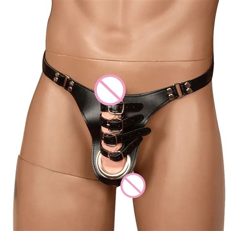 Leather Penis Chastity Harness Cock Cage Ball Scrotum Stretcher Harness Male Orgasm Belt Adult