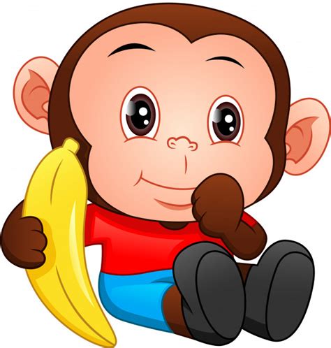 Cute Baby Monkey Cartoon Holding Banana Premium Vector