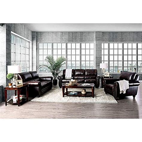Contemporary Look Brown Leather Nailhead Trim 3pc Sofa Set Living Room
