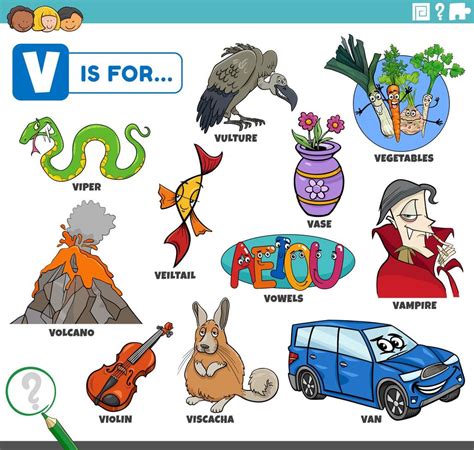 Letter V Words Educational Set With Cartoon Characters 8424092 Vector
