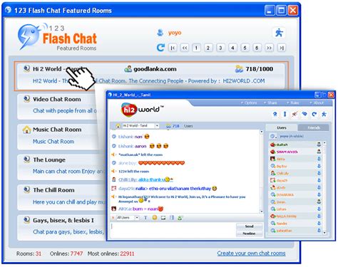 Whether you're interested in joining teen, adult, senior, gay, lesbian, black, furry, asian, or trans best chat rooms, 321chat has got you covered. Download Free Chat Rooms Software: 123FlashChat Featured ...