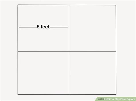 Each square of the court should measure 8 feet by 8 feet for a total court size of 16 by 16 feet. 3 Ways to Play Four Square - wikiHow