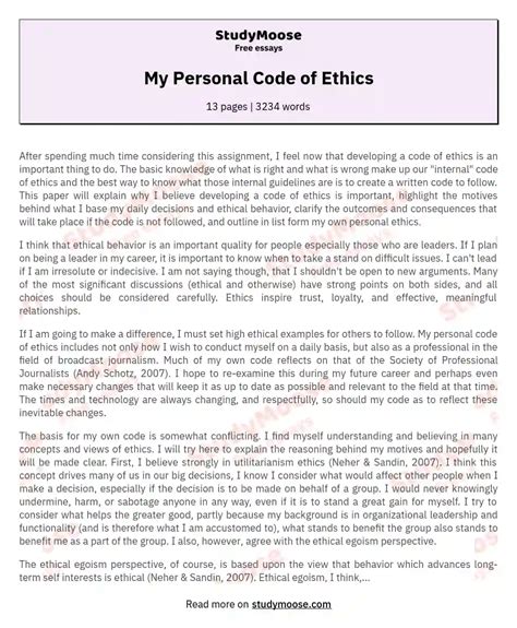 My Personal Code Of Ethics Free Essay Example
