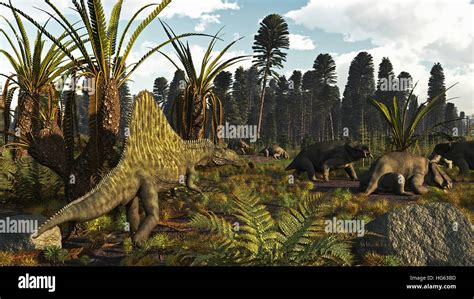 A Triassic Scene With The Sailback Arizonasaurus And Some Stock Photo