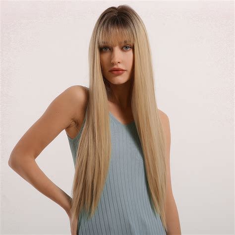 eashair women synthetic ombre blonde hair wigs with bangs long silk straight wig ebay
