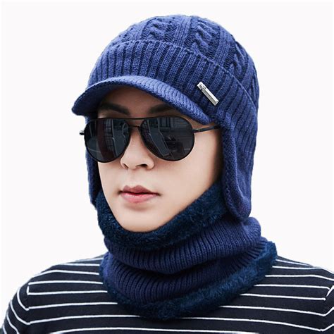 Men Winter Hat And Scarf Set For Women Scarves Cap With Brim Knitted
