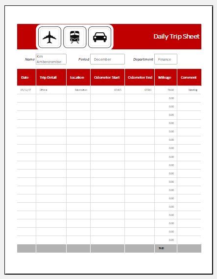 daily trip sheet templates  ms excel excel templates