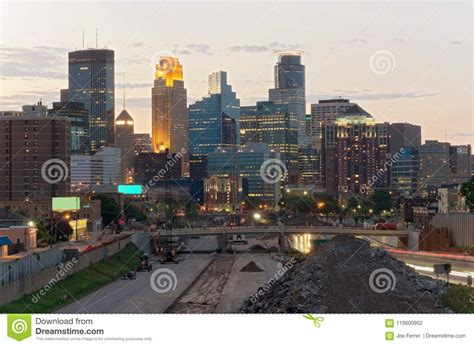 Minneapolis Skyline And Construction At Dusk Stock Photo Image Of