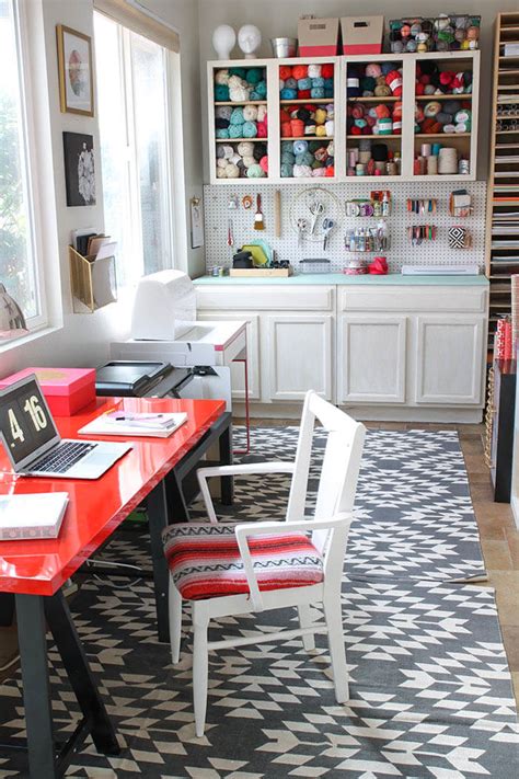 The stone buffet counter doubles as a durable workspace while a tall swivel chair can be used as a crafting chair or extra dining room seating. My New Colorful, Functional Craft Room - Persia Lou