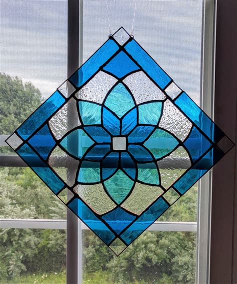 Blue Stained Glass Geometric Pattern With Bevels Vitrail