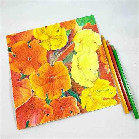 Disegno Con Matite Colorate Fiori Arancio E Gialli Pezzo Unico