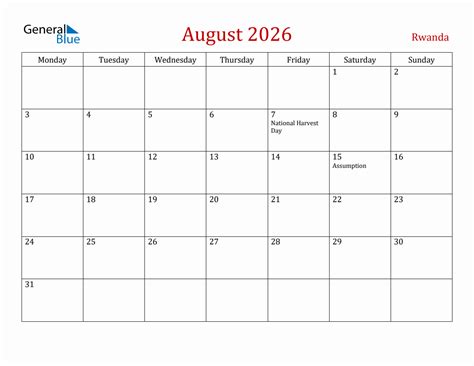 August 2026 Rwanda Monthly Calendar With Holidays