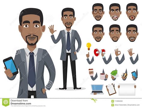 African American Business Man Cartoon Character Creation Set Stock