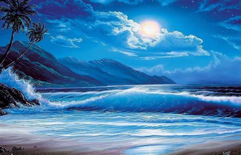 Beautiful Moonlight Beach Painting A1 Canvas Print Poster Ocean Waves