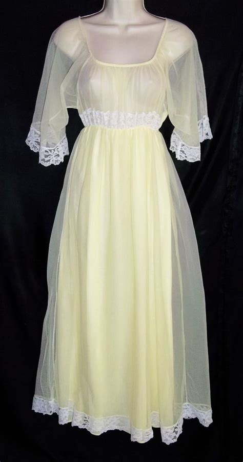 Vintage Lingerie Yellow Chiffon Nightgown Small Sheer Bodice